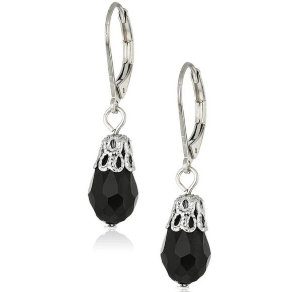 1928 Silver and Black Onyx Crystal Dangling Lever Back Hook Earrings